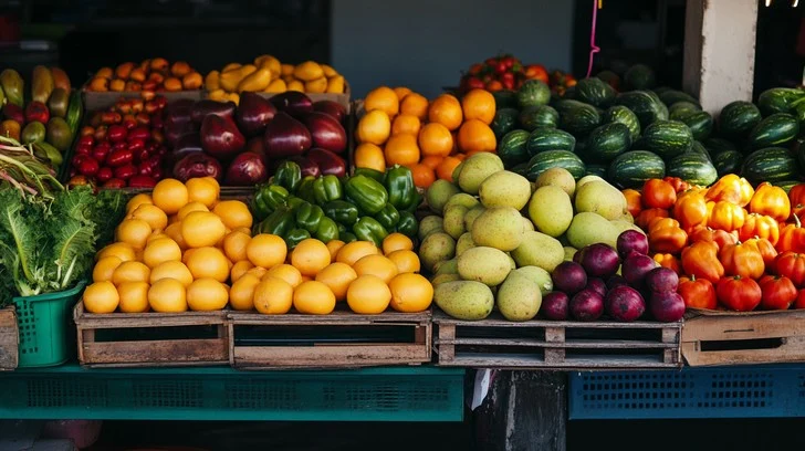 Colourful fresh vegetables and fruits arranged at a local market stall
